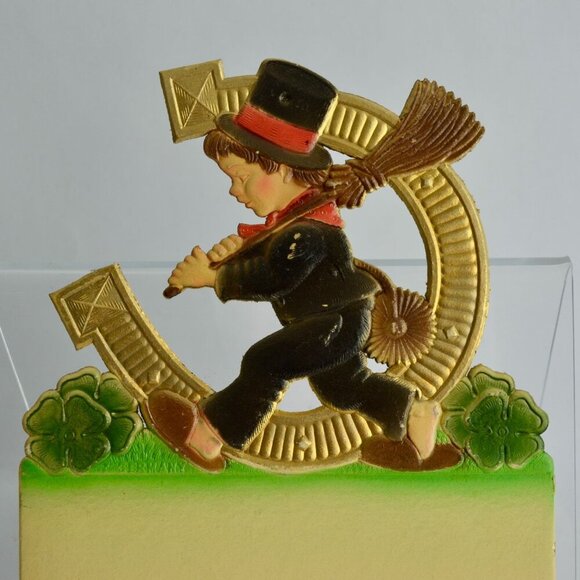 Pressed Cardboard Calendar Topper Boy Lucky Clover Horseshoe Germany - Picture 1 of 4